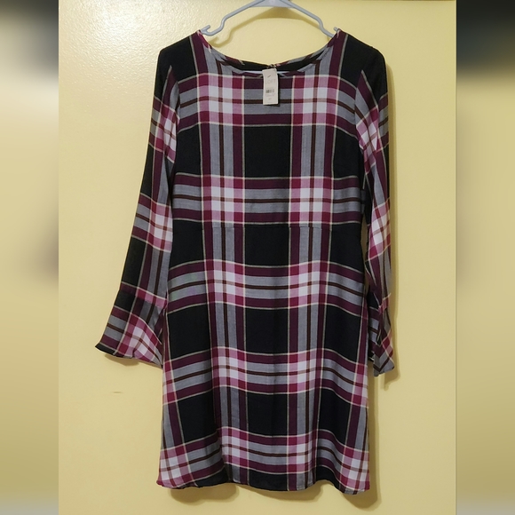 LOFT purple plaid mini dress. Flared long sleeves. Tie up back. Size 4P - Picture 1 of 2